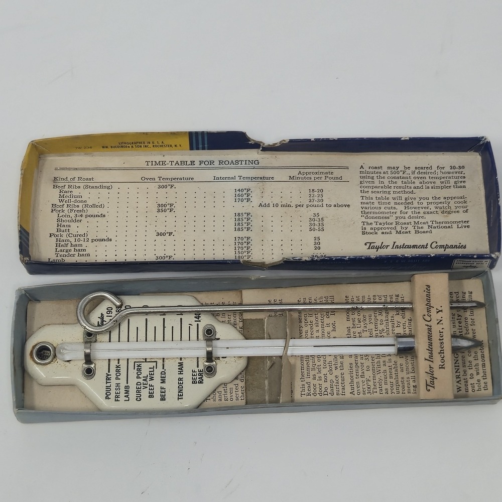 Vintage Taylor Roast Meat Thermometer And Skewer in Original Box